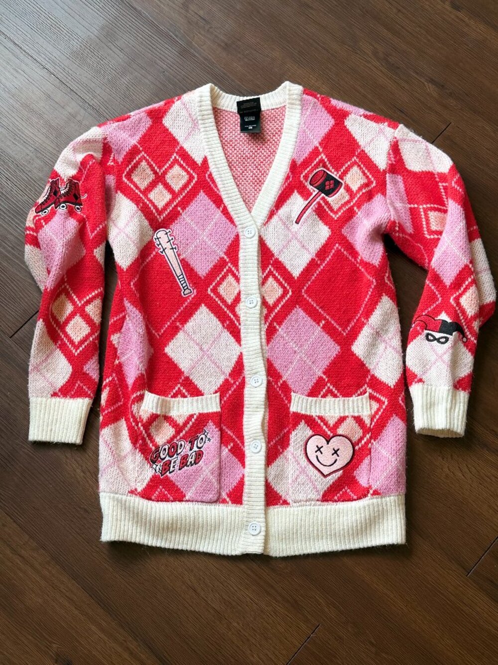 Harley Quinn Argyle Cardigan XS Coquette Y2K Geek Chic Sweater 3778